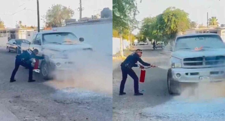 Policía apaga incendio de pickup en calles de Hermosillo con extintor de patrulla
