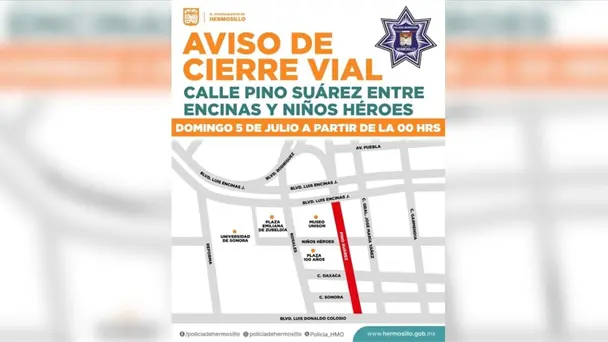 Cerrarán la calle Pino Suárez en Hermosillo este domingo por trabajos viales Cerrarán la calle Pino Suárez en Hermosillo este domingo por trabajos viales