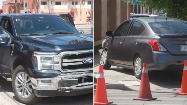 Choque entre Nissan Versa y pick-up Ford en cruce de Hermosillo deja daños materiales Choque entre Nissan Versa y pick-up Ford en cruce de Hermosillo deja daños materiales