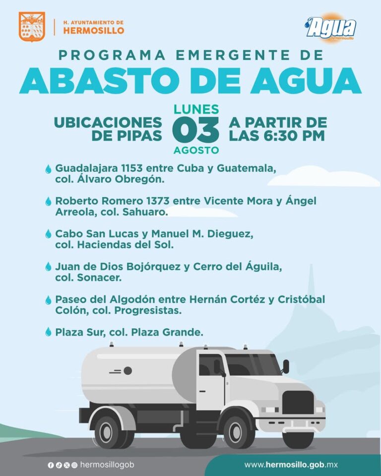 Gobierno de Hermosillo habilita pipas para apoyar abasto de agua tras lluvias Gobierno de Hermosillo habilita pipas para apoyar abasto de agua tras lluvias