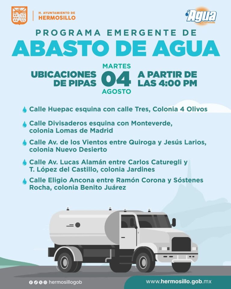 Gobierno de Hermosillo habilita puntos de abastecimiento de agua desde el 4 de agosto Gobierno de Hermosillo habilita puntos de abastecimiento de agua desde el 4 de agosto