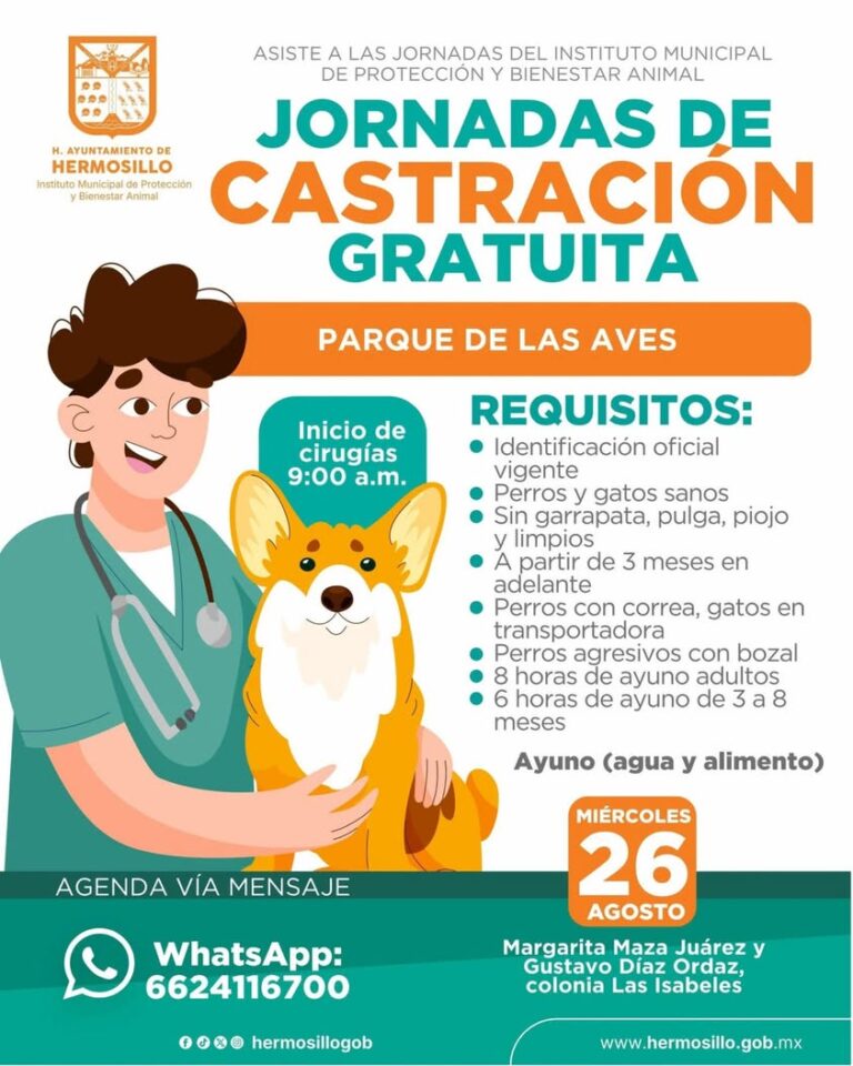 Jornada de Castración Gratuita Canina y Gatuna en Hermosillo el 26 de agosto