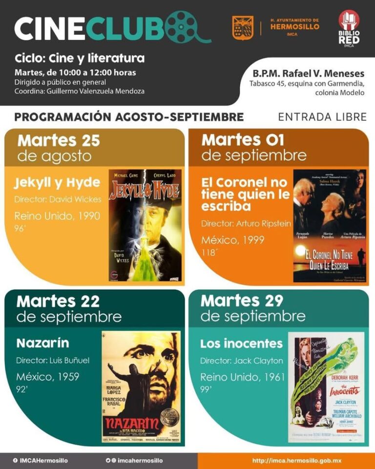 Programación del CineClub en Hermosillo con funciones gratuitas en agosto y septiembre