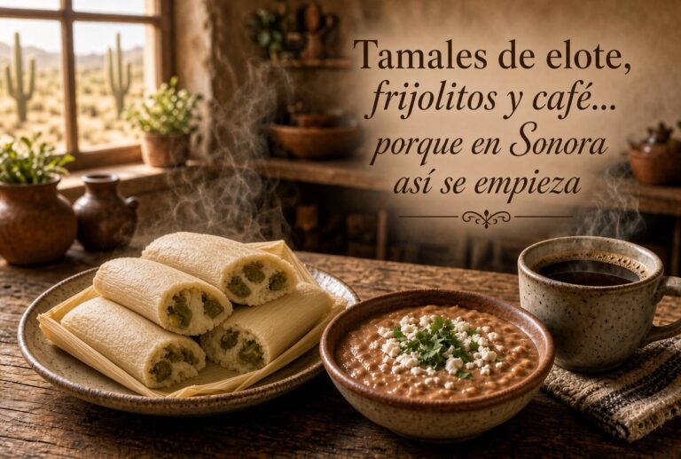 Desayuno tradicional en Sonora: tamales de elote, frijoles y café
