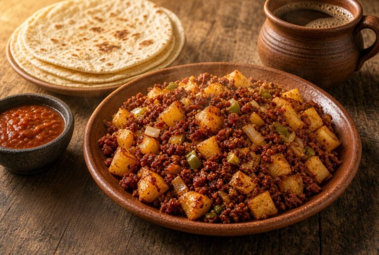 Desayuno tradicional sonorense: papas con chorizo y tortillas de harina