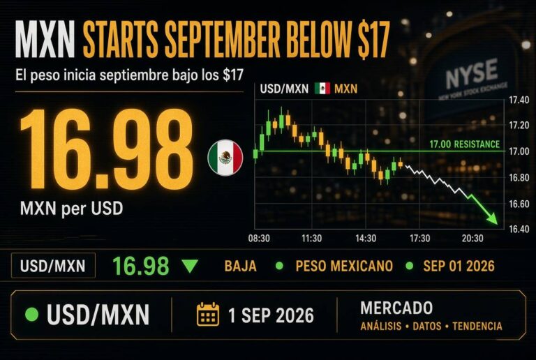 Peso mexicano inicia septiembre 2026 por debajo de 17 pesos por dólar Peso mexicano inicia septiembre 2026 por debajo de 17 pesos por dólar