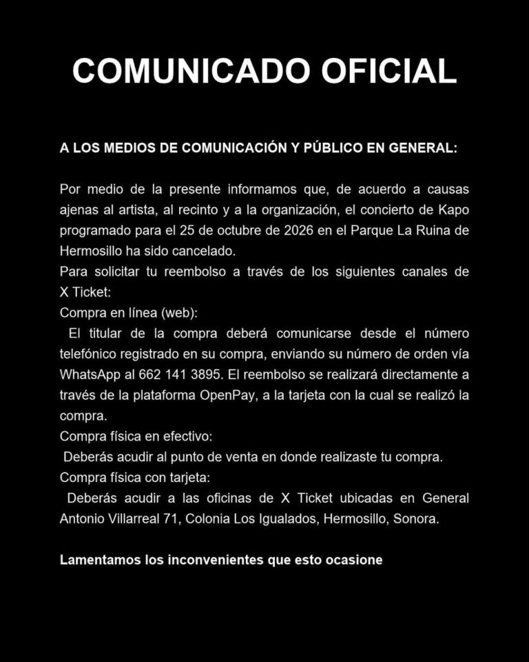 Cancelan presentación de Kapo en Hermosillo y detallan reembolsos