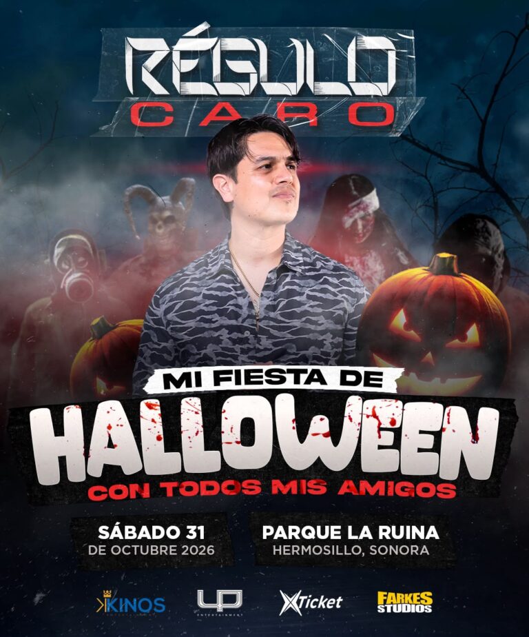 Régulo Caro prepara una gran fiesta de Halloween en Hermosillo; Revólver Cannabis y Banda La 3 Ríos entre los invitados Cartel de Mi Fiesta de Halloween con Régulo Caro, Revólver Cannabis y Banda La 3 Ríos, el 31 de octubre de 2026 en Parque La Ruina de Hermosillo.